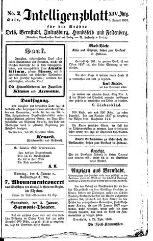 Intelligenzblatt für die Städte Oels, Bernstadt, Juliusburg, Hundsfeld und Festenberg vom 03.01.1857