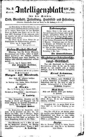 Intelligenzblatt für die Städte Oels, Bernstadt, Juliusburg, Hundsfeld und Festenberg vom 06.01.1857