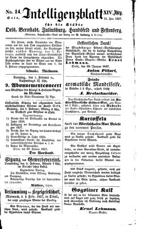Intelligenzblatt für die Städte Oels, Bernstadt, Juliusburg, Hundsfeld und Festenberg vom 31.01.1857
