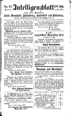 Intelligenzblatt für die Städte Oels, Bernstadt, Juliusburg, Hundsfeld und Festenberg vom 07.02.1857