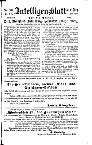 Intelligenzblatt für die Städte Oels, Bernstadt, Juliusburg, Hundsfeld und Festenberg vom 14.02.1857