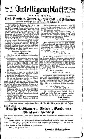 Intelligenzblatt für die Städte Oels, Bernstadt, Juliusburg, Hundsfeld und Festenberg vom 17.02.1857
