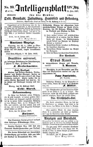 Intelligenzblatt für die Städte Oels, Bernstadt, Juliusburg, Hundsfeld und Festenberg on Feb 21, 1857