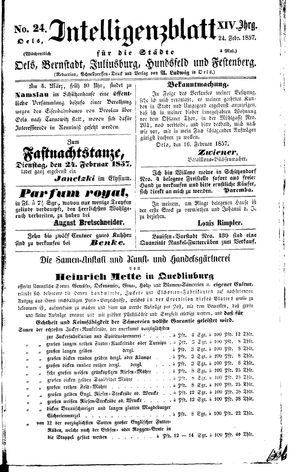Intelligenzblatt für die Städte Oels, Bernstadt, Juliusburg, Hundsfeld und Festenberg vom 24.02.1857