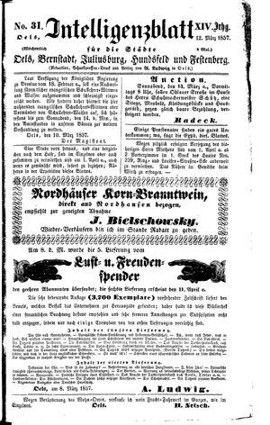 Intelligenzblatt für die Städte Oels, Bernstadt, Juliusburg, Hundsfeld und Festenberg on Mar 12, 1857