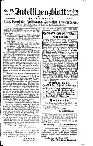 Intelligenzblatt für die Städte Oels, Bernstadt, Juliusburg, Hundsfeld und Festenberg vom 17.03.1857