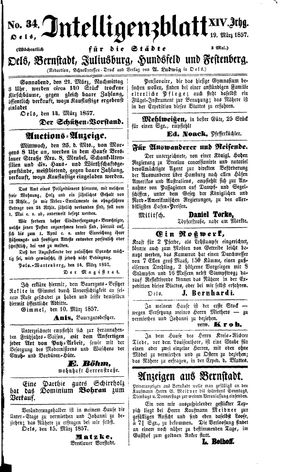 Intelligenzblatt für die Städte Oels, Bernstadt, Juliusburg, Hundsfeld und Festenberg vom 19.03.1857