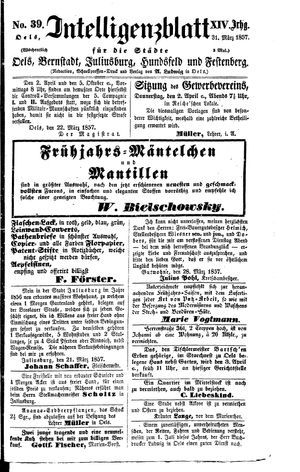 Intelligenzblatt für die Städte Oels, Bernstadt, Juliusburg, Hundsfeld und Festenberg vom 31.03.1857