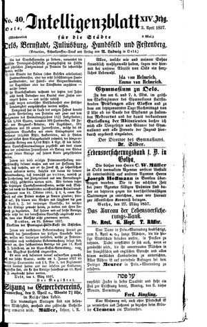 Intelligenzblatt für die Städte Oels, Bernstadt, Juliusburg, Hundsfeld und Festenberg vom 02.04.1857