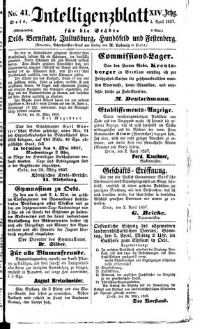 Intelligenzblatt für die Städte Oels, Bernstadt, Juliusburg, Hundsfeld und Festenberg vom 04.04.1857