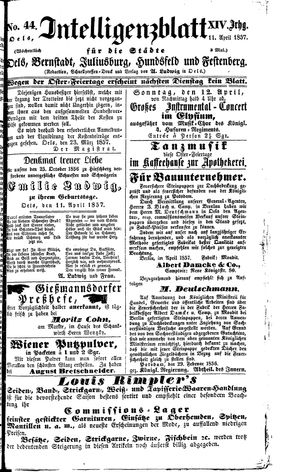 Intelligenzblatt für die Städte Oels, Bernstadt, Juliusburg, Hundsfeld und Festenberg vom 11.04.1857