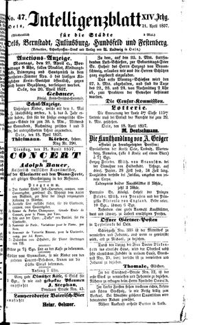 Intelligenzblatt für die Städte Oels, Bernstadt, Juliusburg, Hundsfeld und Festenberg vom 21.04.1857