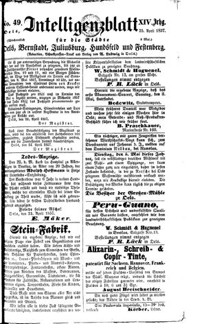 Intelligenzblatt für die Städte Oels, Bernstadt, Juliusburg, Hundsfeld und Festenberg vom 25.04.1857