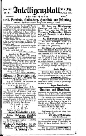 Intelligenzblatt für die Städte Oels, Bernstadt, Juliusburg, Hundsfeld und Festenberg on Apr 30, 1857