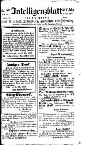 Intelligenzblatt für die Städte Oels, Bernstadt, Juliusburg, Hundsfeld und Festenberg on May 2, 1857