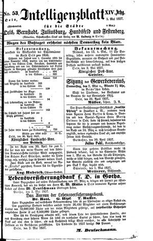 Intelligenzblatt für die Städte Oels, Bernstadt, Juliusburg, Hundsfeld und Festenberg on May 5, 1857