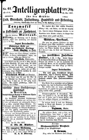 Intelligenzblatt für die Städte Oels, Bernstadt, Juliusburg, Hundsfeld und Festenberg on May 28, 1857