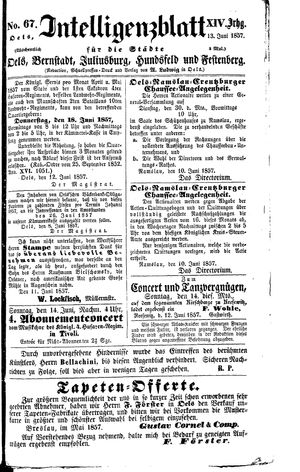 Intelligenzblatt für die Städte Oels, Bernstadt, Juliusburg, Hundsfeld und Festenberg vom 13.06.1857