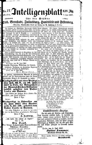 Intelligenzblatt für die Städte Oels, Bernstadt, Juliusburg, Hundsfeld und Festenberg vom 07.07.1857