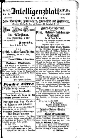 Intelligenzblatt für die Städte Oels, Bernstadt, Juliusburg, Hundsfeld und Festenberg on Jul 16, 1857