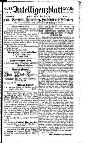 Intelligenzblatt für die Städte Oels, Bernstadt, Juliusburg, Hundsfeld und Festenberg vom 21.07.1857