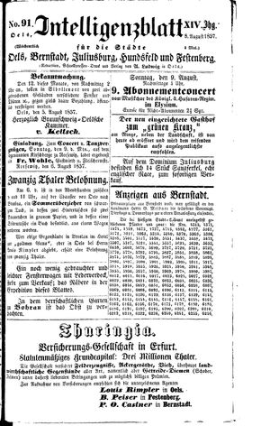 Intelligenzblatt für die Städte Oels, Bernstadt, Juliusburg, Hundsfeld und Festenberg vom 08.08.1857