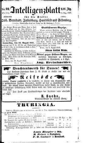 Intelligenzblatt für die Städte Oels, Bernstadt, Juliusburg, Hundsfeld und Festenberg vom 11.08.1857