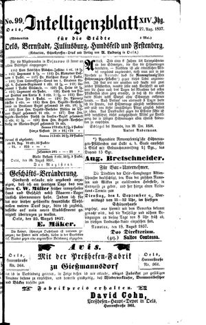 Intelligenzblatt für die Städte Oels, Bernstadt, Juliusburg, Hundsfeld und Festenberg vom 27.08.1857