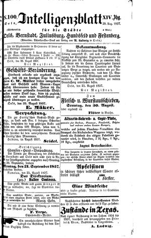 Intelligenzblatt für die Städte Oels, Bernstadt, Juliusburg, Hundsfeld und Festenberg vom 29.08.1857