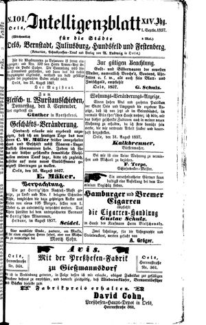 Intelligenzblatt für die Städte Oels, Bernstadt, Juliusburg, Hundsfeld und Festenberg vom 01.09.1857