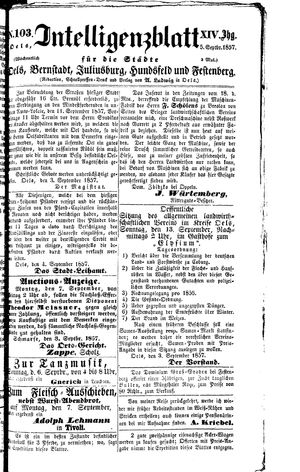 Intelligenzblatt für die Städte Oels, Bernstadt, Juliusburg, Hundsfeld und Festenberg on Sep 5, 1857