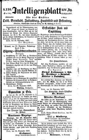 Intelligenzblatt für die Städte Oels, Bernstadt, Juliusburg, Hundsfeld und Festenberg vom 22.09.1857