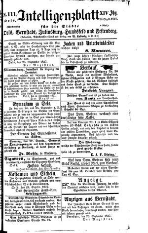 Intelligenzblatt für die Städte Oels, Bernstadt, Juliusburg, Hundsfeld und Festenberg vom 24.09.1857