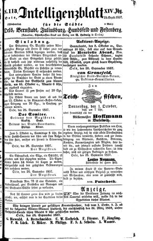 Intelligenzblatt für die Städte Oels, Bernstadt, Juliusburg, Hundsfeld und Festenberg vom 29.09.1857
