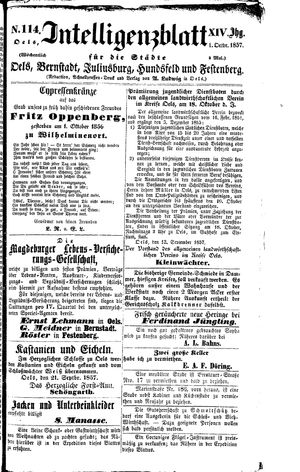 Intelligenzblatt für die Städte Oels, Bernstadt, Juliusburg, Hundsfeld und Festenberg vom 01.10.1857