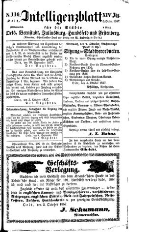 Intelligenzblatt für die Städte Oels, Bernstadt, Juliusburg, Hundsfeld und Festenberg vom 06.10.1857
