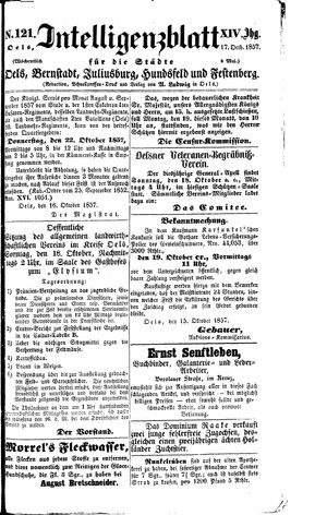 Intelligenzblatt für die Städte Oels, Bernstadt, Juliusburg, Hundsfeld und Festenberg vom 17.10.1857