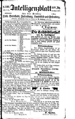 Intelligenzblatt für die Städte Oels, Bernstadt, Juliusburg, Hundsfeld und Festenberg vom 10.11.1857
