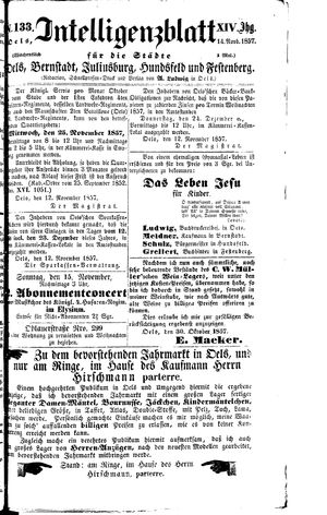 Intelligenzblatt für die Städte Oels, Bernstadt, Juliusburg, Hundsfeld und Festenberg vom 14.11.1857