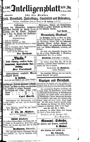 Intelligenzblatt für die Städte Oels, Bernstadt, Juliusburg, Hundsfeld und Festenberg vom 21.11.1857