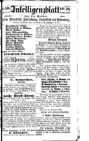 Intelligenzblatt für die Städte Oels, Bernstadt, Juliusburg, Hundsfeld und Festenberg vom 26.11.1857