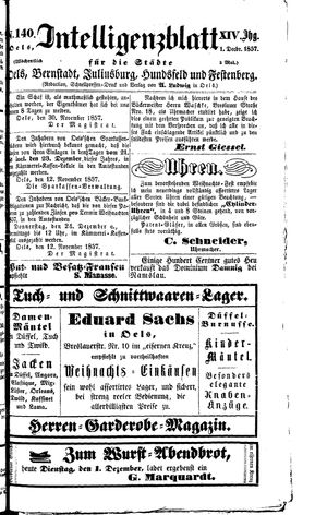 Intelligenzblatt für die Städte Oels, Bernstadt, Juliusburg, Hundsfeld und Festenberg vom 01.12.1857