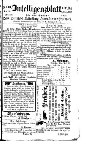 Intelligenzblatt für die Städte Oels, Bernstadt, Juliusburg, Hundsfeld und Festenberg vom 08.12.1857