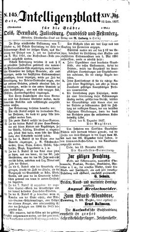 Intelligenzblatt für die Städte Oels, Bernstadt, Juliusburg, Hundsfeld und Festenberg vom 12.12.1857