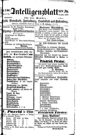 Intelligenzblatt für die Städte Oels, Bernstadt, Juliusburg, Hundsfeld und Festenberg on Dec 15, 1857