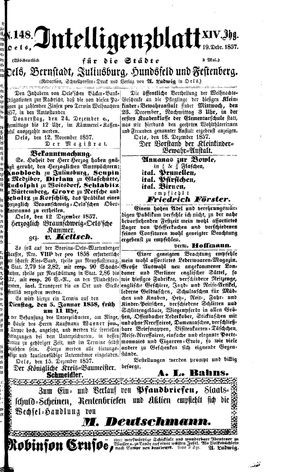 Intelligenzblatt für die Städte Oels, Bernstadt, Juliusburg, Hundsfeld und Festenberg vom 19.12.1857