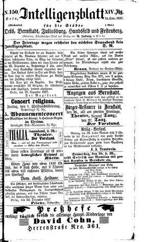 Intelligenzblatt für die Städte Oels, Bernstadt, Juliusburg, Hundsfeld und Festenberg vom 24.12.1857