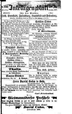 Intelligenzblatt für die Städte Oels, Bernstadt, Juliusburg, Hundsfeld und Festenberg vom 31.12.1857