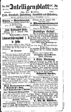 Intelligenzblatt für die Städte Oels, Bernstadt, Juliusburg, Hundsfeld und Festenberg vom 30.01.1858