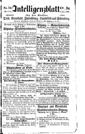 Intelligenzblatt für die Städte Oels, Bernstadt, Juliusburg, Hundsfeld und Festenberg vom 02.02.1858